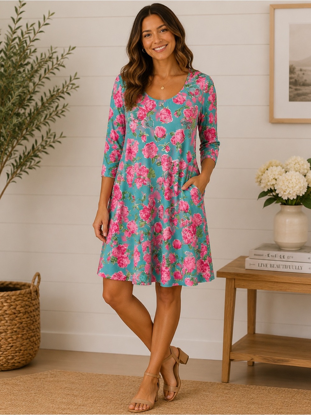 Simply Southern Mint Tunic with Pink and Aqua Floral Accents